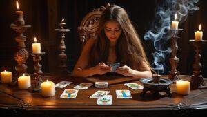 femme qui tire les cartes par téléphone portable. Encens et bougie et carte posées sur la grande table